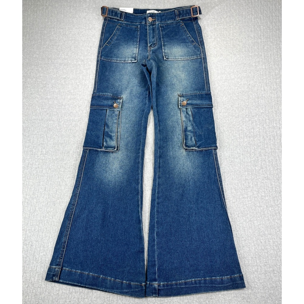 New rue21 Bootcut Flare Cargo Buckle Jeans 8/28X32 1/2 Blue Stretch Dark‎ wash